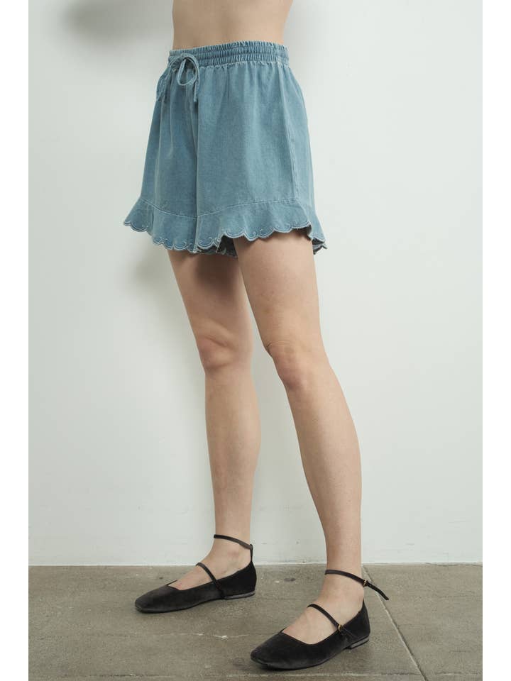 DENIM MAP3110 CHAMBRAY EMBROIDERED RUFFLE HEM SHORTS for wholesale on Faire