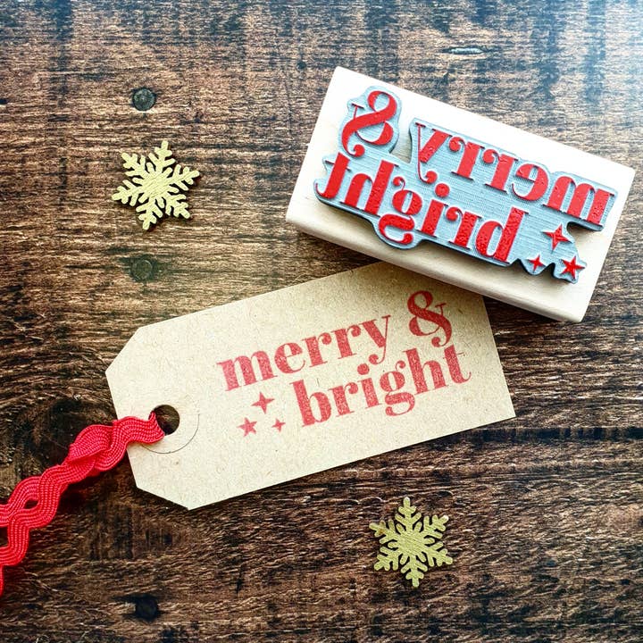 Christmas Merry & Bright Contemporary Font Rubber Stamp for wholesale by Skull and Cross Buns Rubber Stamps