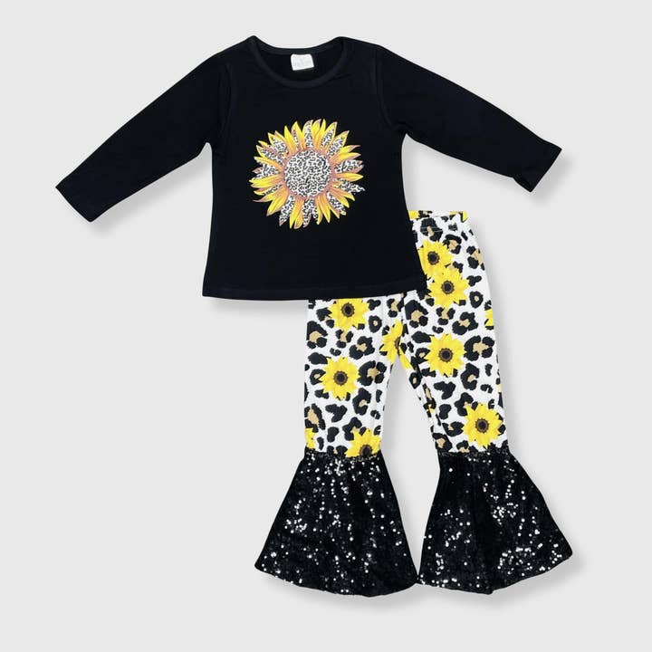 Sunflower Cheetah Black Sequin Bell Bottom Outfit Kids for wholesale by ILTEX Apparel
