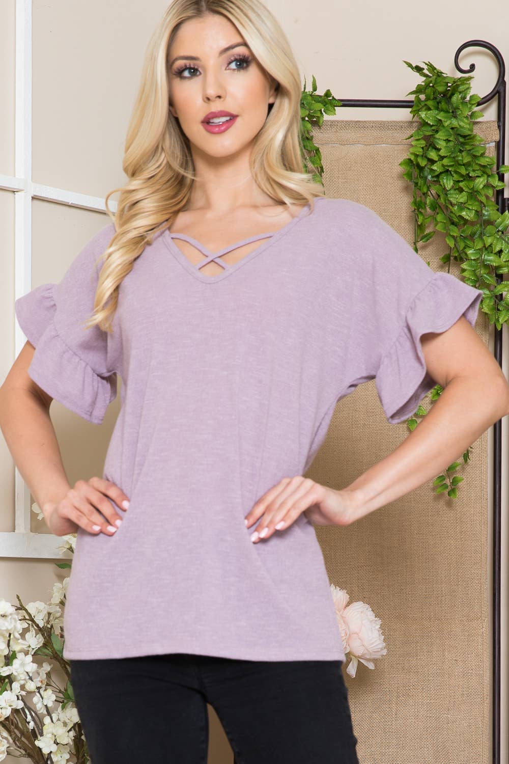 Orange Farm Clothing - Wholesale Blouse - Women's - Textured Ruffle Sleeve with X Detail- 2 Colors6