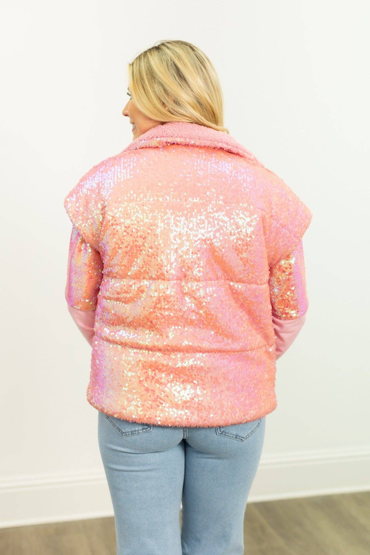 Sequin Puffer Vest, Pink for wholesale on Faire8