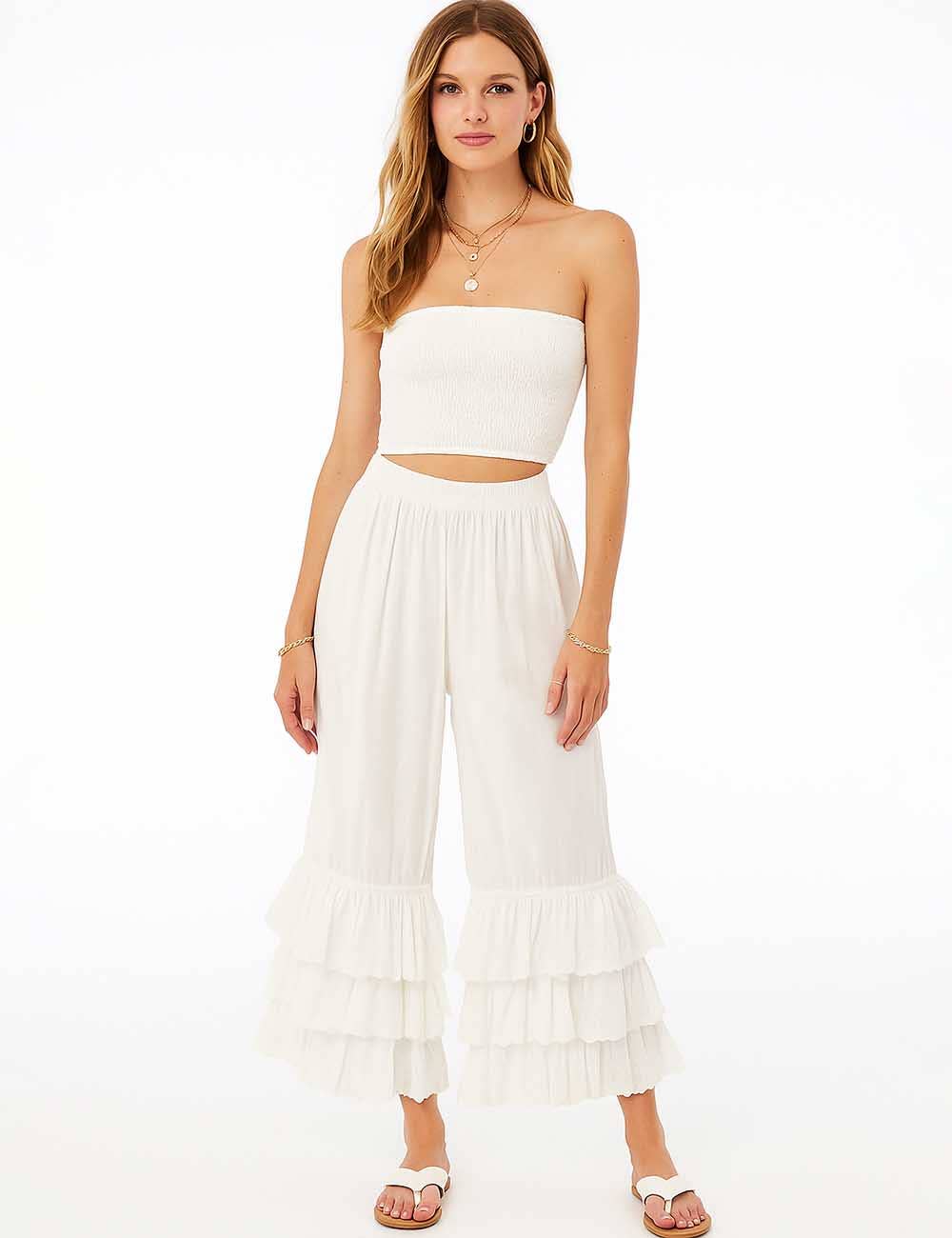 Sweetkama - Wholesale Pants - Women's - Ladies Solid Color Elastic Waist Pull -On Tiered Ruffle Pants2