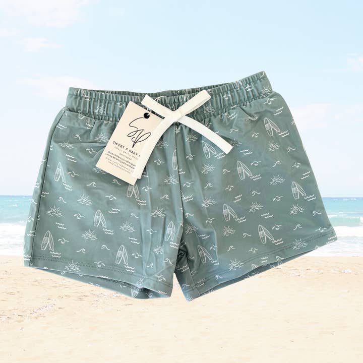Sage Surfer Boys Swim Shorts for wholesale by Sweet P Baby Co.