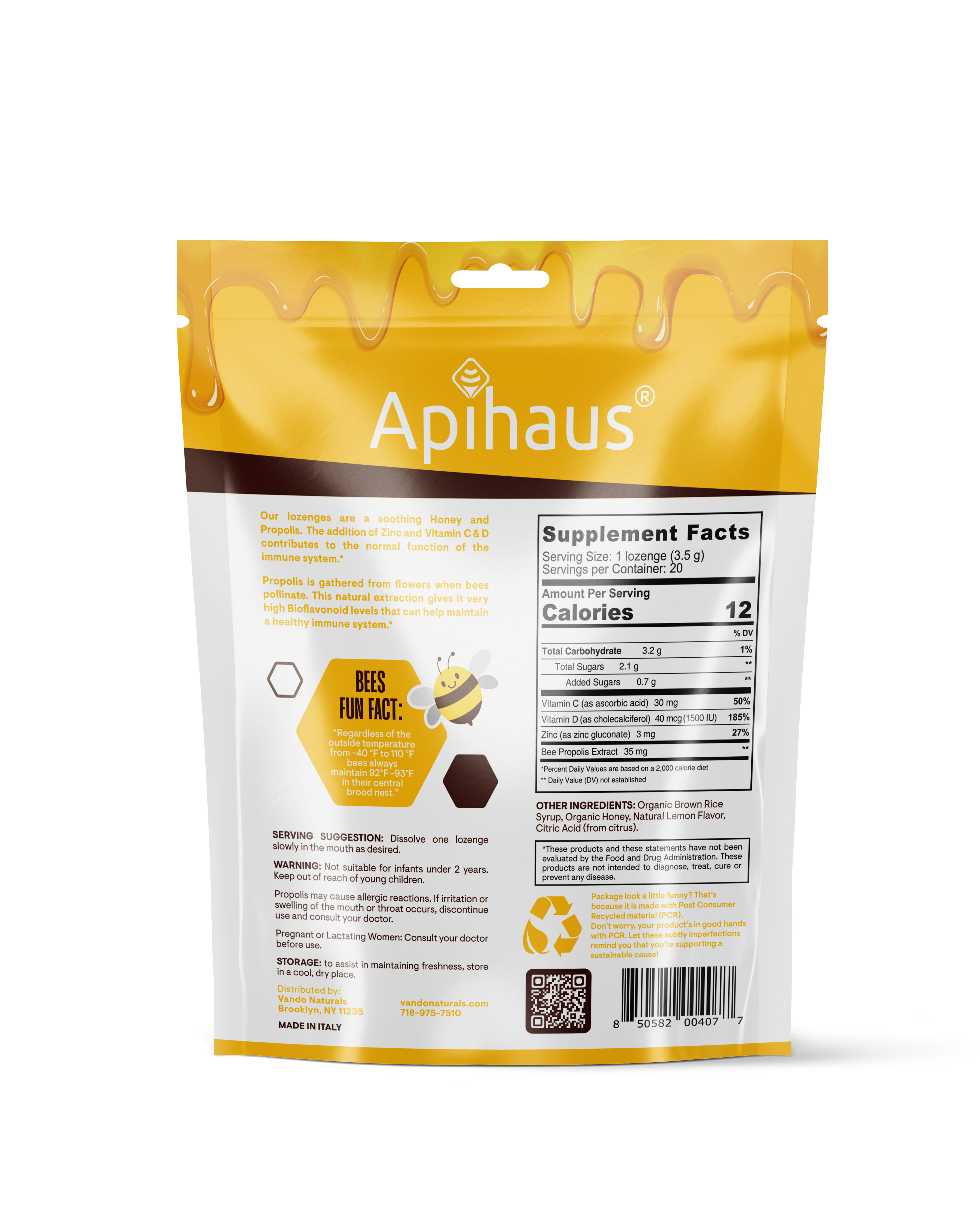 Vando Naturals - Wholesale Lozenges/Cough Drops - Apihaus Honey and Propolis Lozenges Lemon Flavor  20 pcs1