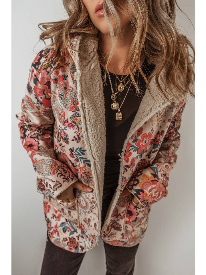 As shown Fashion-W Vintage Paisley Floral Sherpa Lined Hooded Jacket for wholesale on Faire