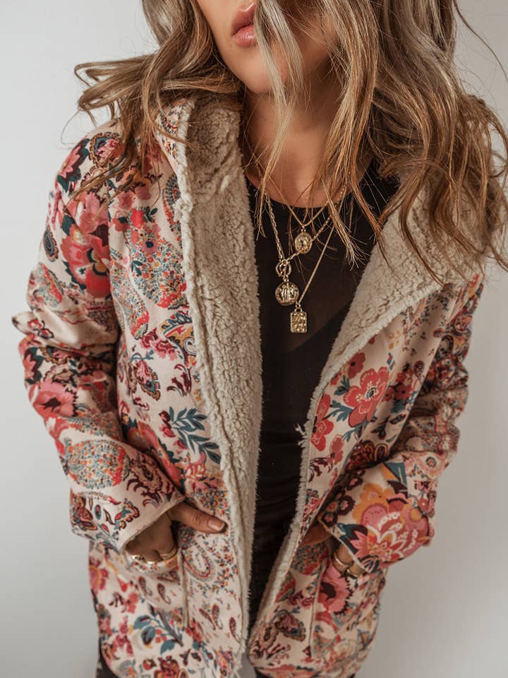 Babs + Birdie - Wholesale Jacket - Women's - Daisy | Vintage Paisley Floral Sherpa Lined Hooded Jacket1
