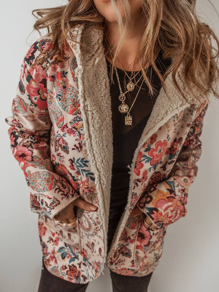Daisy | Vintage Paisley Floral Sherpa Lined Hooded Jacket for wholesale by Babs + Birdie