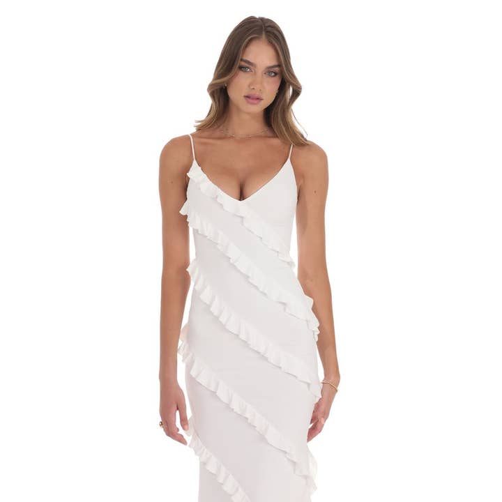 Lucy In The Sky - Wholesale Dress - Women's - Ruffle V-Neck Maxi Dress in White