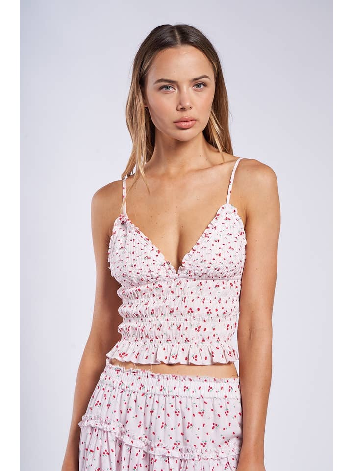 CHERRY PRINT SWEETHEART SMOCKED BODY CROP TOP for wholesale on Faire