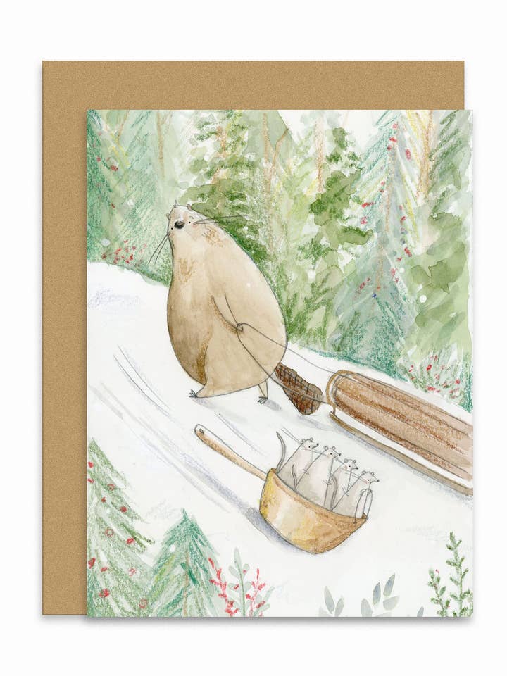 Sledding Beaver Card for wholesale by Lindsay Blevins Illustration