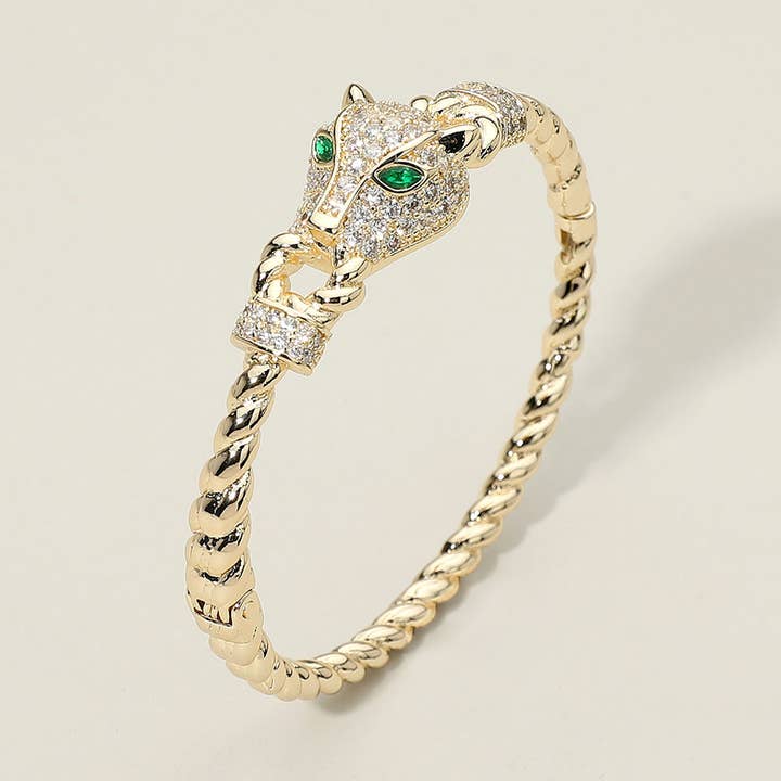 Sensibling Corp. - Wholesale Bangle Bracelet - CZ Stone Paved Leopard Panther Head Accent Hinged Bangle Bracelet