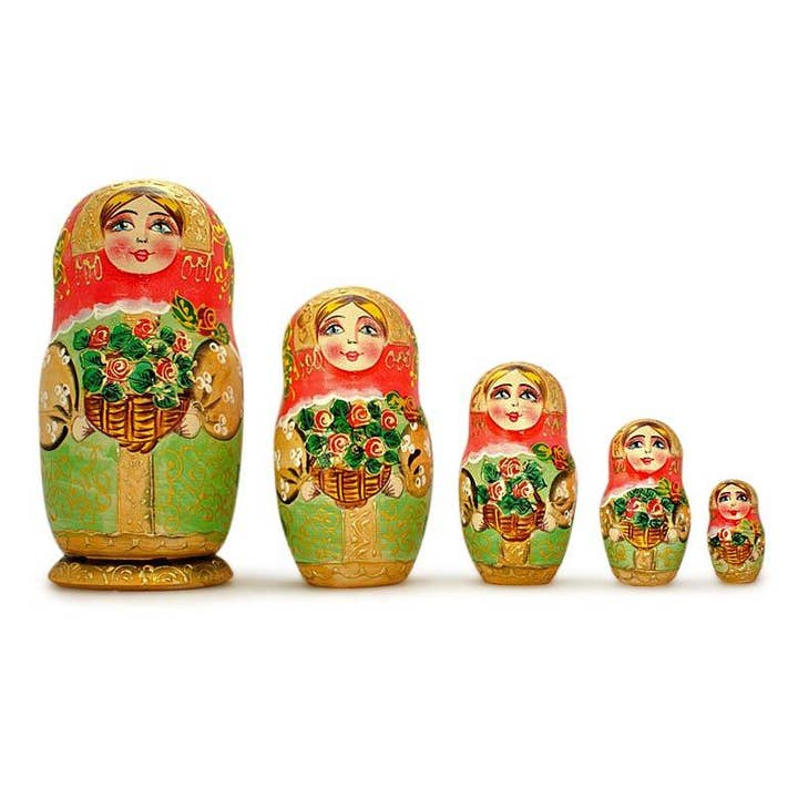 BestPysanky – wholesale Docka - Barn – 5 flickor med korgblommor ryska dockor 16,5 cm