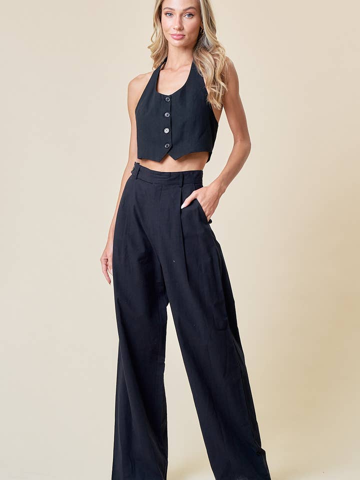 SIP6219A CALÇAS DE LINHO CLARO COM PERNA LARGA PRETA COM BOLSOS por atacado de Saints & Hearts