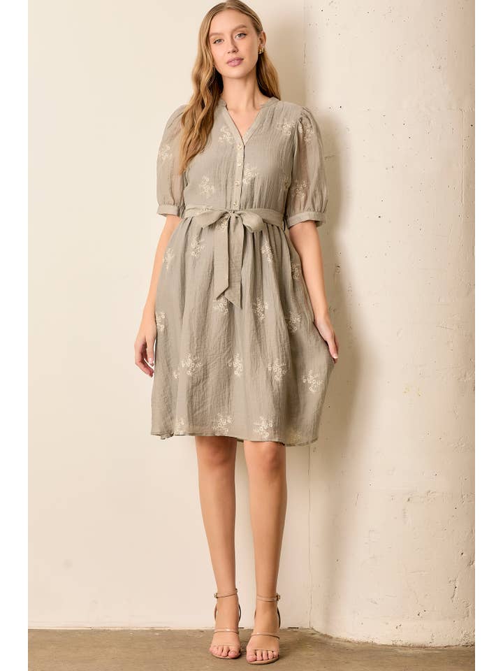 DOVE GRAY EMBROIDERED BUTTON FRONT DRESS for wholesale on Faire