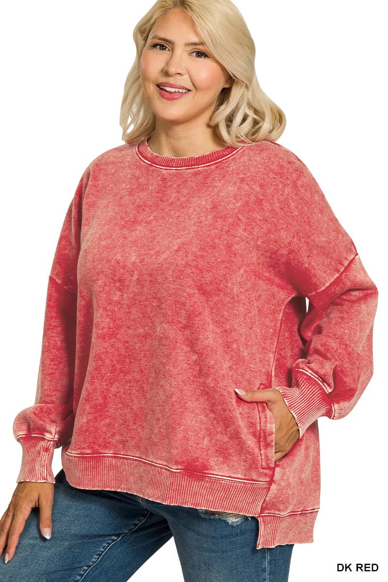 42POPS - Wholesale Sweatshirt - Women's - .Plus Acid Wash Fleece Hi Low Hem Pullover With Pockets14