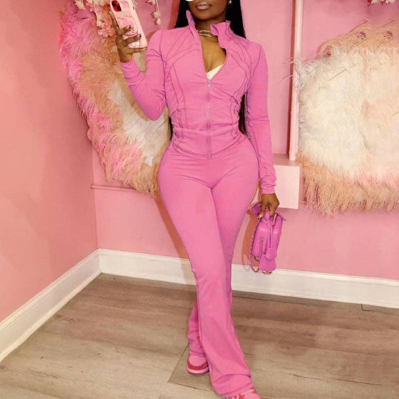 MB Fashion Wholesale - Vente Ensemble de vêtements d'intérieur – femme - ENSEMBLE DEUX PIÈCES À MANCHES LONGUES AVEC FERMETURE ÉCLAIR ET JAMBES ÉVASÉES HR240579