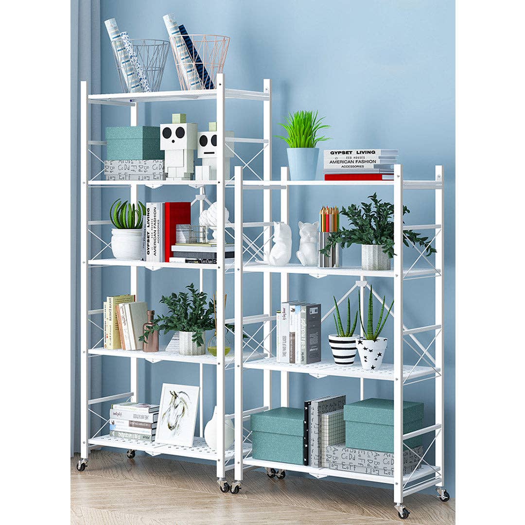 SOGA International Pty Ltd - Wholesale Free-standing shelf - SOGA 2X 4 Tier Steel White Foldable Display Stand Multi-Functional Shelves Storage Organizer with Wheels2