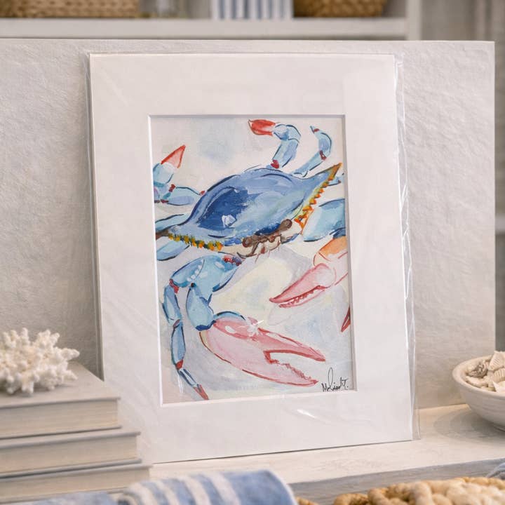 Blue Crab – Coastal Art Print (5 x 7, Matted to 8 x 10) for wholesale by Paper Shells Studio