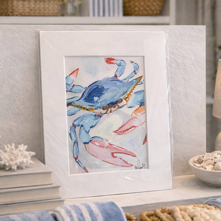 Blå Krabbe – Kystkunsttryk (5 x 7, monteret til 8 x 10) for engroshandel hos Paper Shells Studio