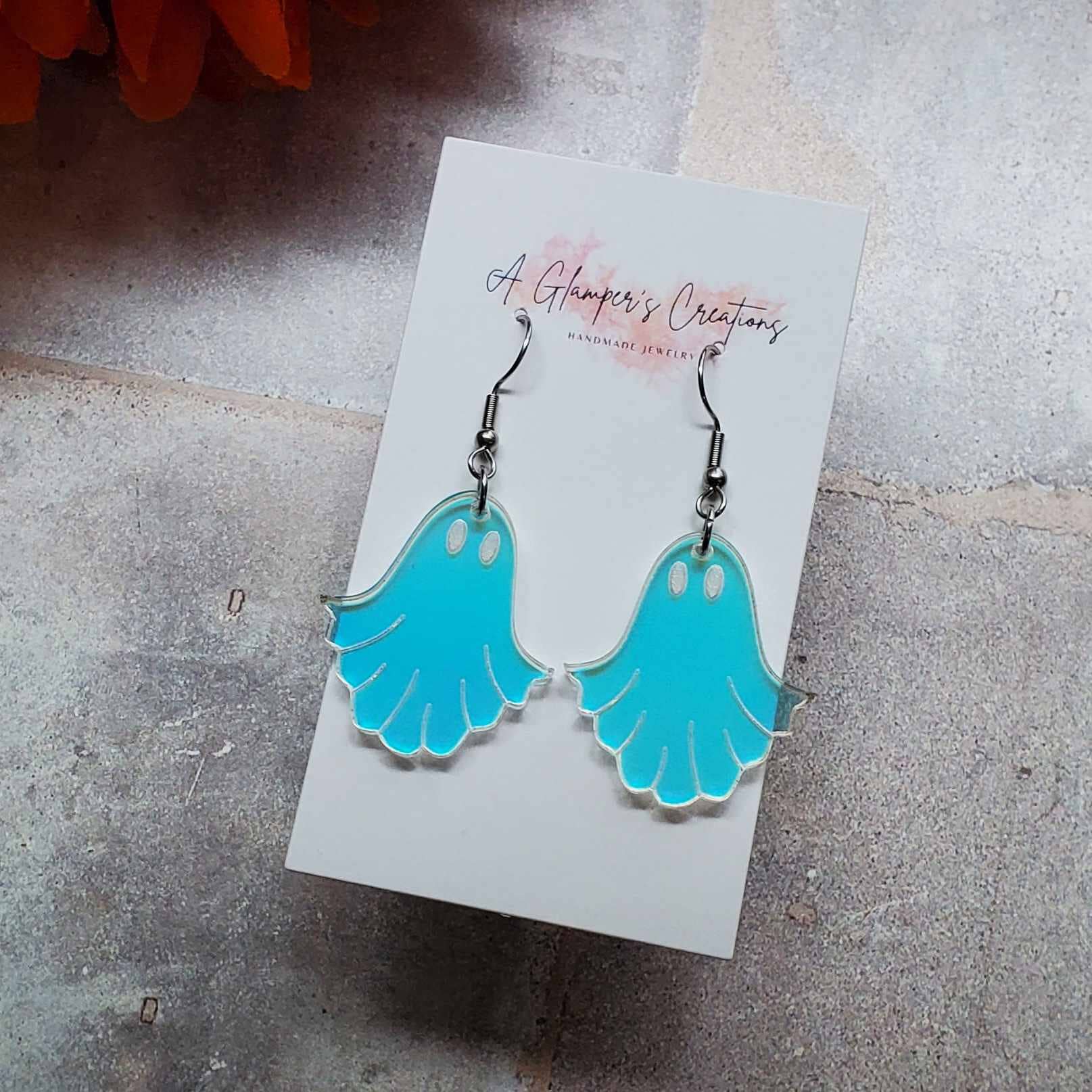 A Glamper's Creations LLC - Wholesale Dangle Earrings - Ghost Earrings - Iridescent Acrylic Halloween Ghost Earrings2