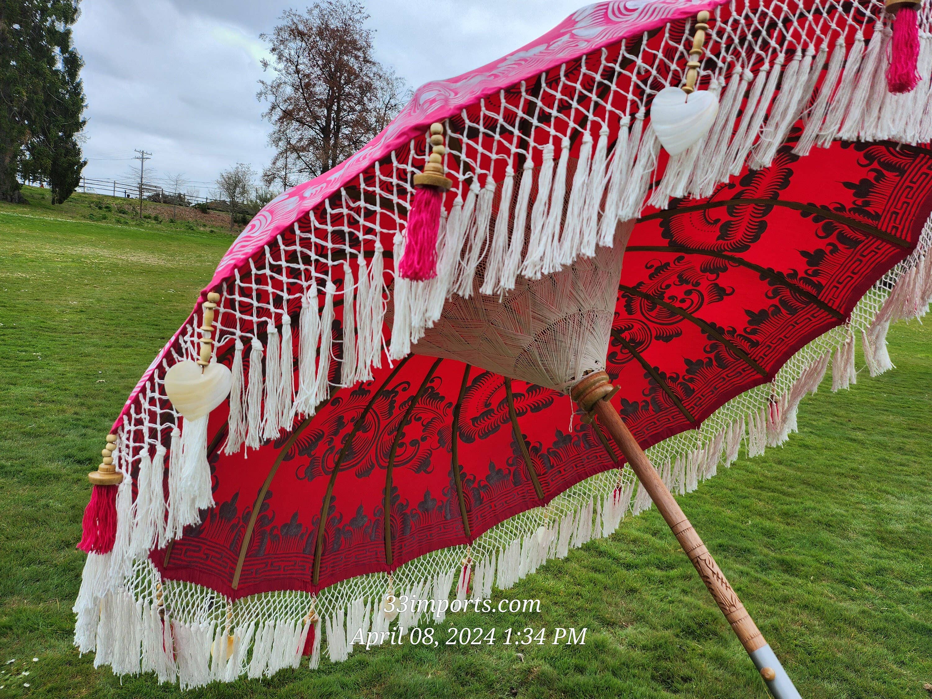 baligood - Wholesale Patio Umbrella - PINK & SILVER FULL FRINGE BALINESE UMBRELLA2