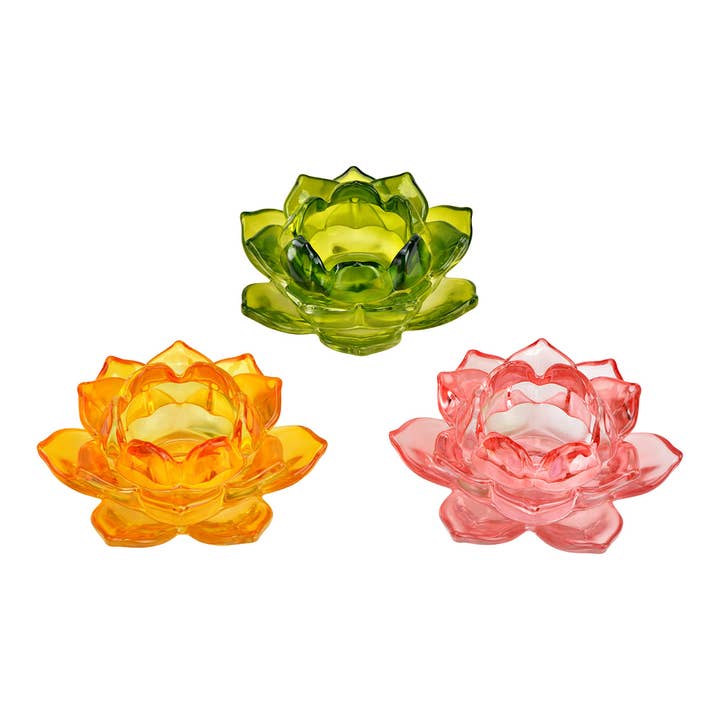 Wurm - Wholesale Candle Holder - Lotus tealight holder made of glass, set of 3, Green/Yellow/Pink (W/H/D) 12x5x12cm