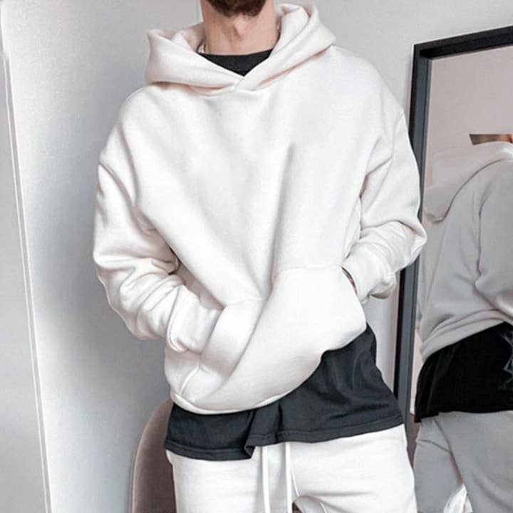 Oversized Plain Color Men's Fleeced White Hoodie Sweatshirt for wholesale on Faire0