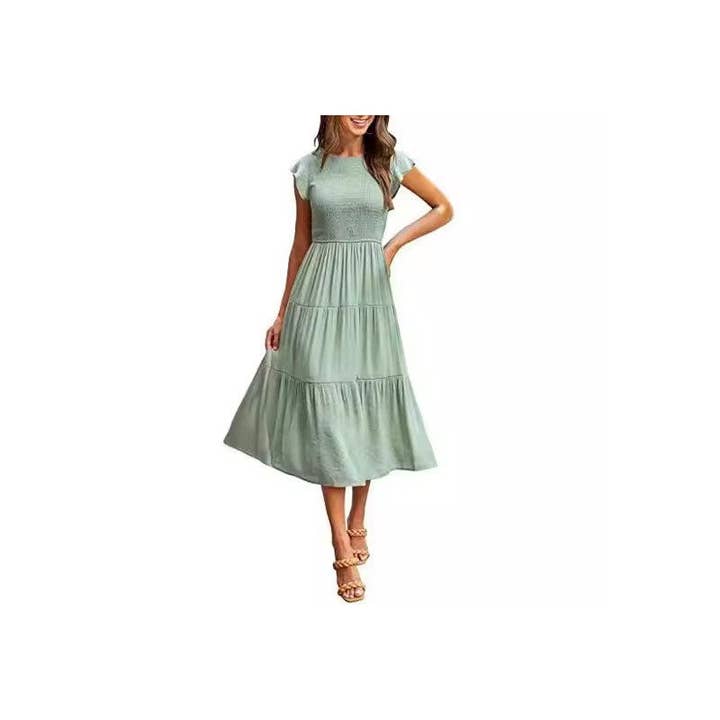 Sheer Trend - Wholesale Dress - Women's - Floral Pleated Layered Short Sleeve Midi Dress