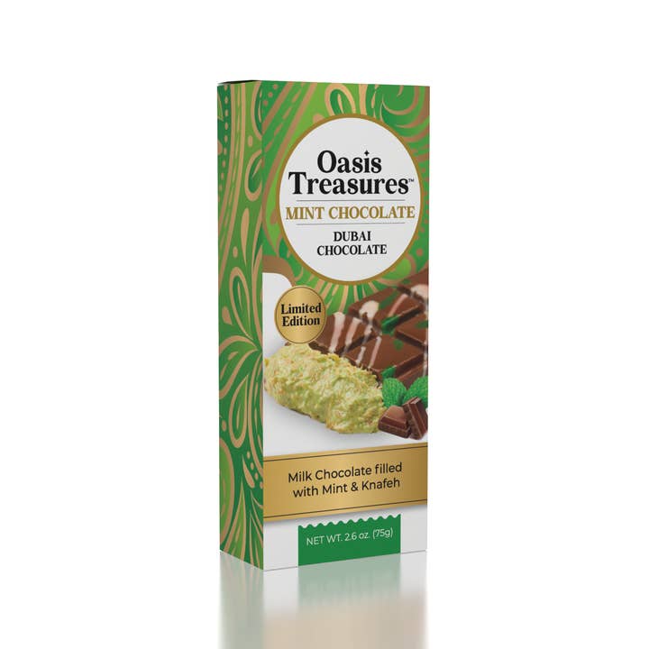 Showcase - Wholesale Chocolate Bar - Dubai Chocolate Bar Limited Edition Mint by Oasis Treasures (75g)