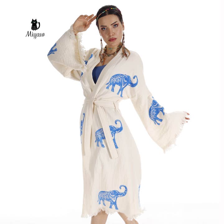 Etiskt tillverkad ekologisk bomullselefantkimono för stranddagar och morgnar för wholesale av Pure & Chic, LLC - Miyawfashion