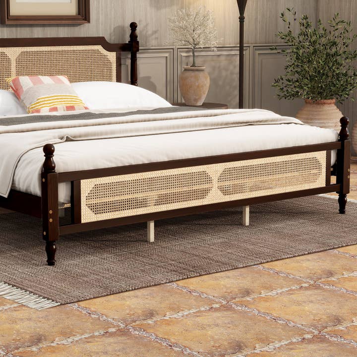 39F Inc. - Wholesale Bed - King Pine Wooden Bed with Rattan Headboard and Footboard