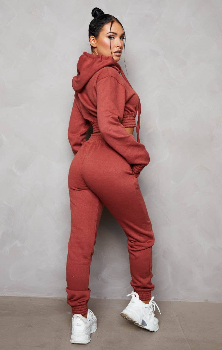 Femme Luxe – wholesale Lounge set – Women's – Rust Long Sleeve Crop Hoodie High Waisted Joggers Shirred Detail Fleece Loungewear Set - Costella5