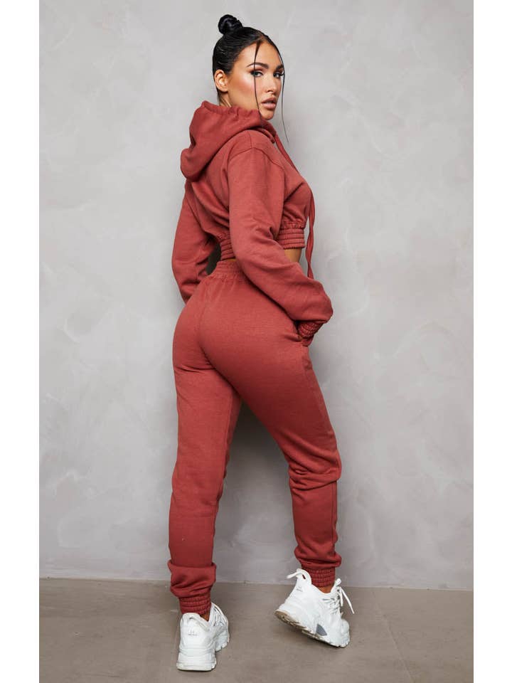 Femme Luxe - Wholesale Lounge Set - Women's - Rust Long Sleeve Crop Hoodie High Waisted Joggers Shirred Detail Fleece Loungewear Set - Costella5