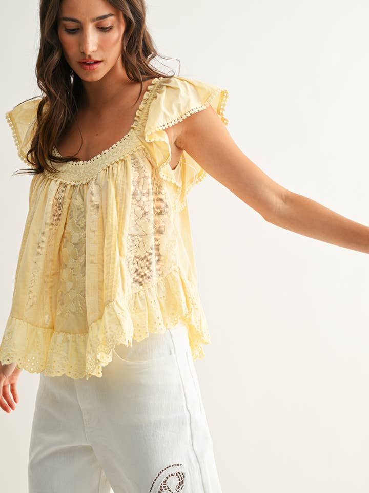 LT YELLOW CET26937 Sleeveless Lace Blouse with Embroidered for wholesale on Faire4