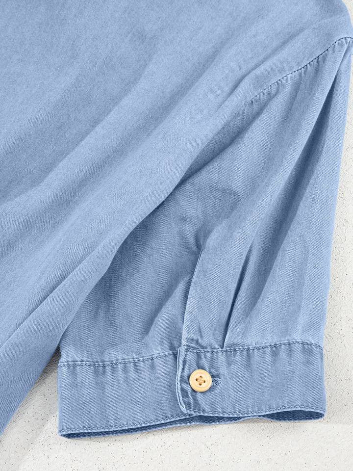 Myosotis Denim Pleated Slim Waist Short Sleeve Shirt Dress for wholesale on Faire17