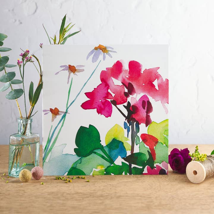 Carte de vœux géraniums et marguerites pour la vente par Diana Fegredo Studio