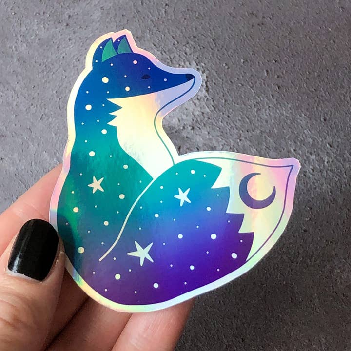 Fox holographic vinyl sticker, space fox sticker, ombre for wholesale by Anita Ivancenko