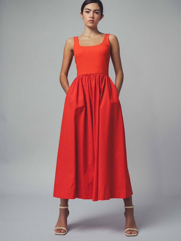 Urban Daizy - Wholesale Dress - Women's - Elegant Square Neck Cotton Blend Gathered Waist Midi Dress