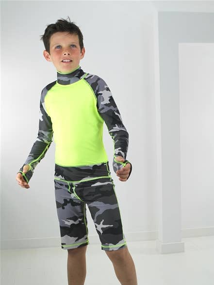 BOY'S SHORT SWIMSUIT - GREY CAMO W- YELLOW *BOYS RESTOCK for wholesale by Tutublue