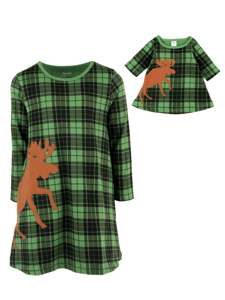 Kids Girl & Doll Cotton Reindeer Plaid Dress for Christmas for wholesale by Leveret Pajamas