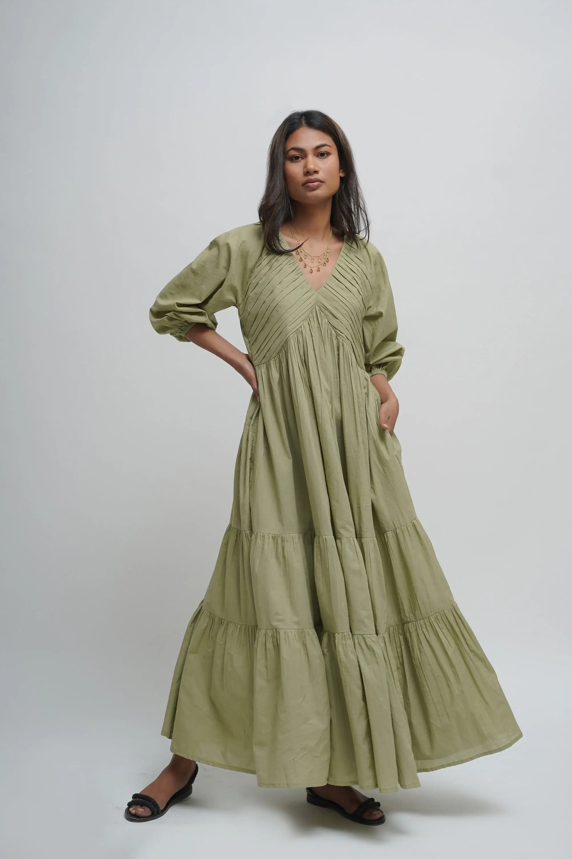 Tailor Didi - Wholesale Dress - Women's - Organic Cotton Pleated Maxi Dress with Pockets, Boho Tunic5