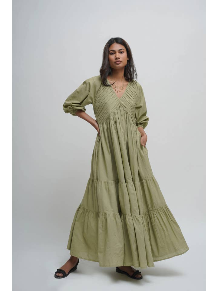 Tailor Didi - Wholesale Dress - Women's - Organic Cotton Pleated Maxi Dress with Pockets, Boho Tunic5