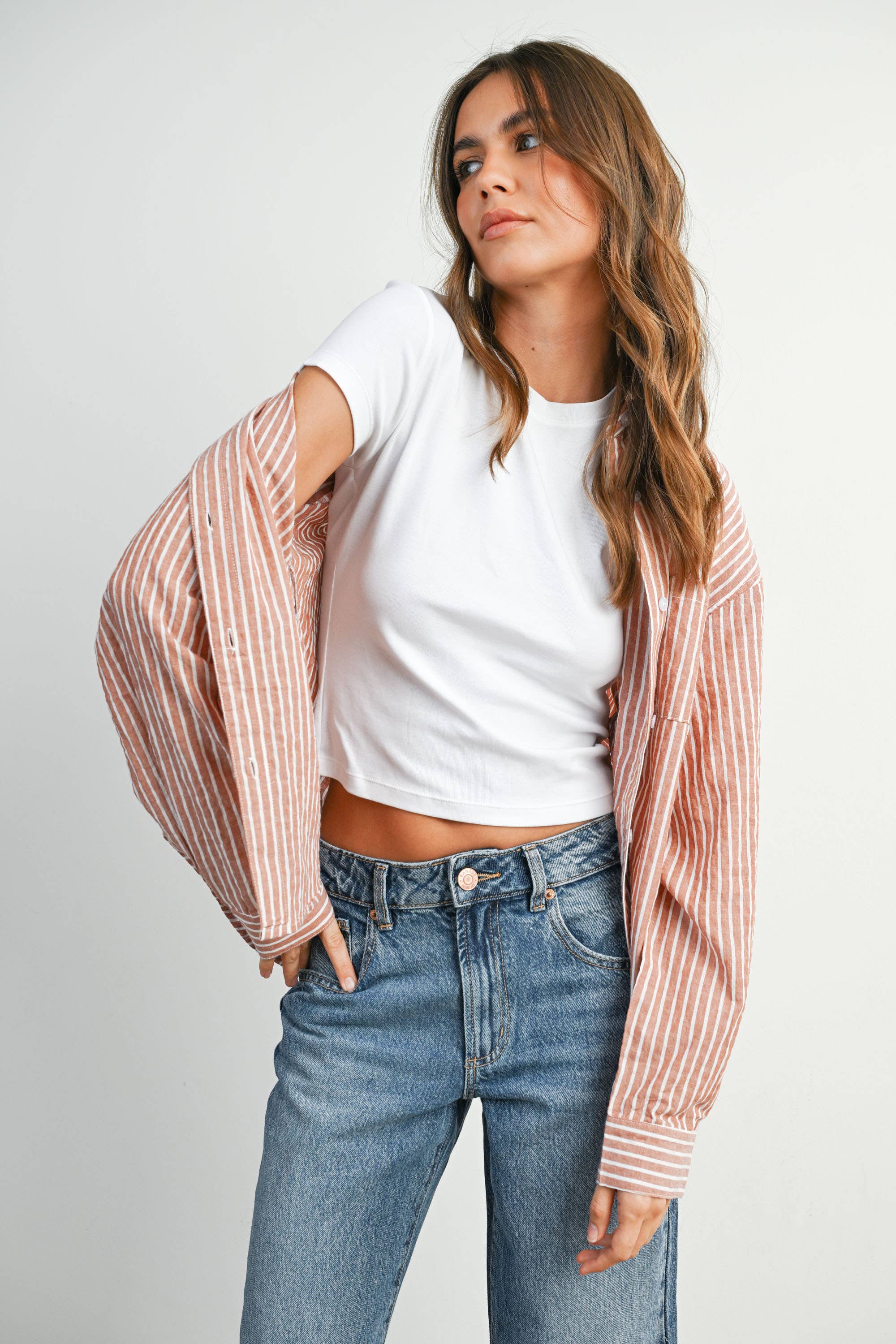 BUTTERMELON - Vente Chemise à col boutonné – femme - Haut à manches longues à rayures et col boutonné raccourci - BMT79155