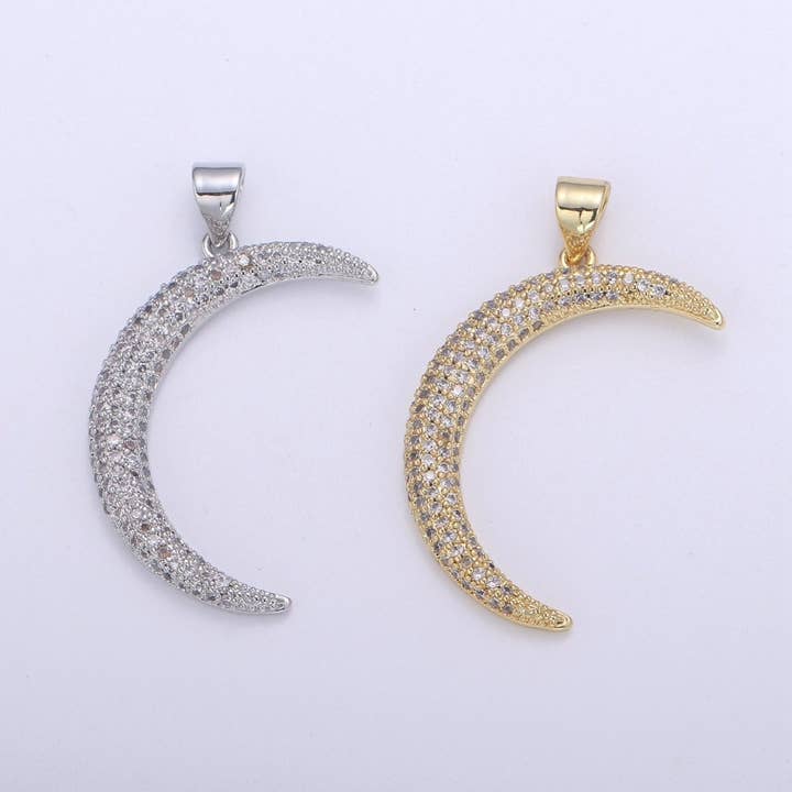 Big Micro Pave Crescent Moon Charm, CZ Clear 14K gold-White Gold Pendant, Cubic Necklace Charm Celestial Jewelry Making H-719 H-720 for wholesale by Aim Eternal