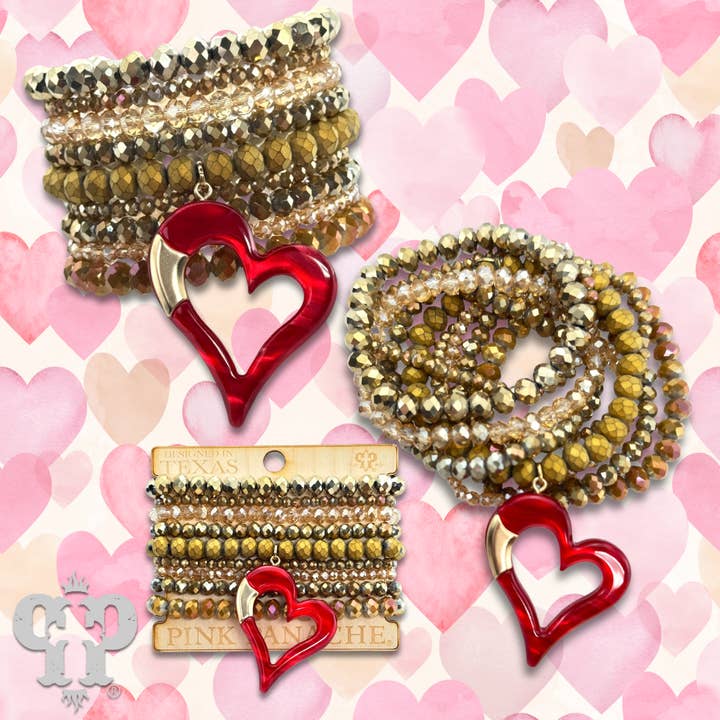 Negendelige armbandenset met rood hartbedeltje voor wholesale door Pink Panache Brands