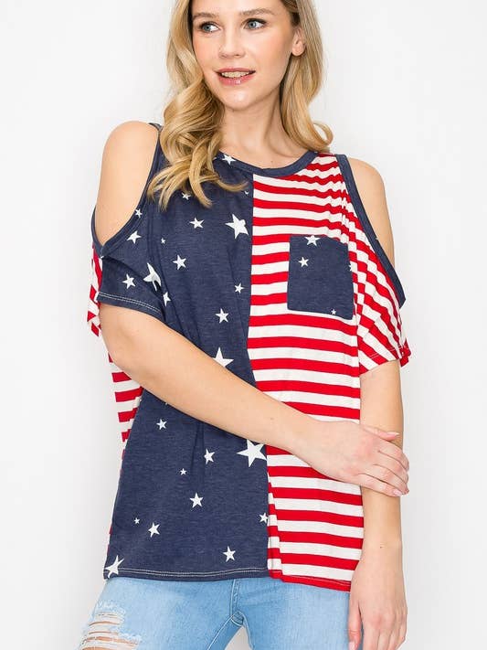NAVY 10735SL524 - CUTOUT ON SLEEVE STAR AND STRIPED TOP for wholesale on Faire