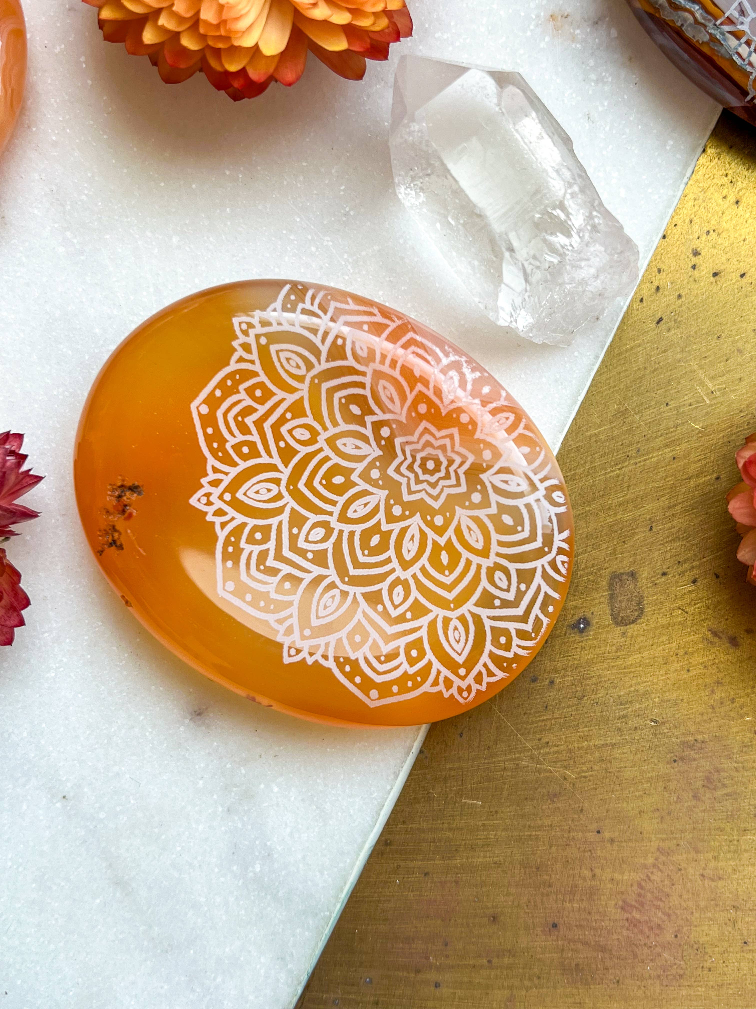 Fractalista Designs - Wholesale Spiritual Stone/Crystal - Etched Carnelian Worry Stone palmstone - Assorted Mandalas5