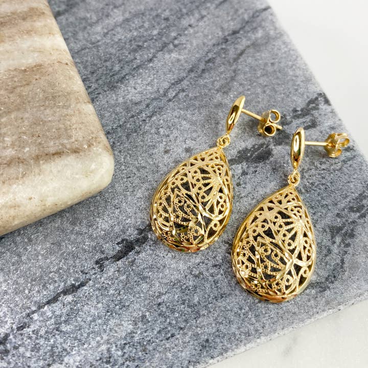 Gold Pear Drop Filigree Earrings for wholesale by Almond Tree