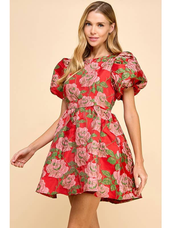 Red CD05082-Floral Print Open Back Balloon Sleeves Dress for wholesale on Faire