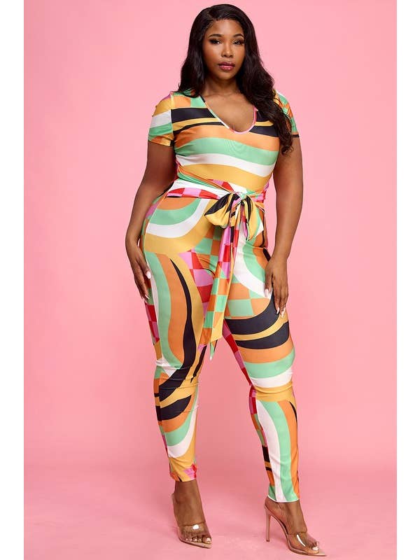 Namatt Design - Wholesale Jumpsuit - Women's - Plus Short Sleeves Deep V-Neck Tie Waist Catsuit